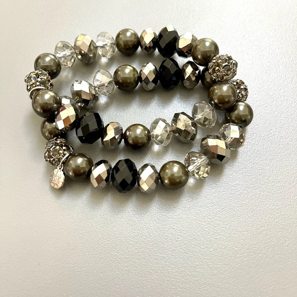 2 Beaded Stacking Bracelets with Black, Silver, Hematite, Rhinestone
